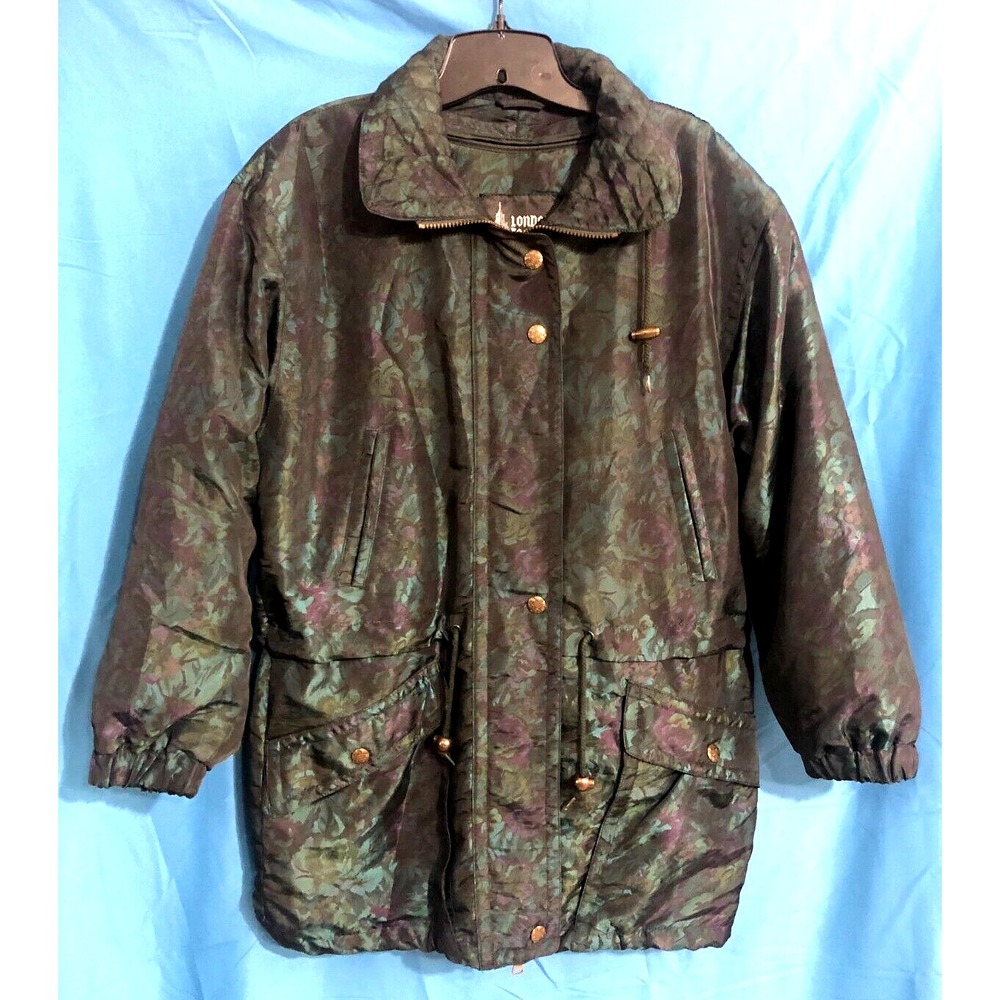 LONDON FOG Blue/Green Satin FLORAL PRINT Zip In Liner PUFFER JACKET/COAT Parka S